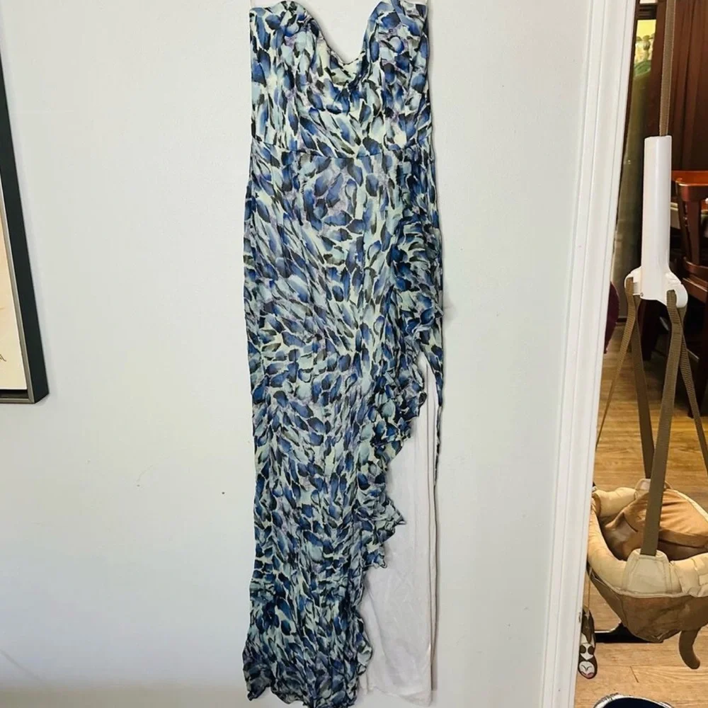 KATIE‎ MAY Baby Cakes Blue White Floral Ruffles Side Slit Gown Size XS